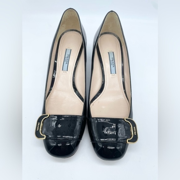 Prada Black Patent leather logo embellished block heel pumps EU37 - Picture 9 of 9